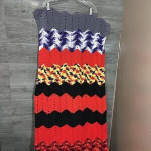 Vtg Crochet Lap Blanket Colorful Zig/Zag Chevron Stripes 26”x61” Homemade